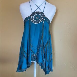 Free People Teal Crochet Halter Camisole